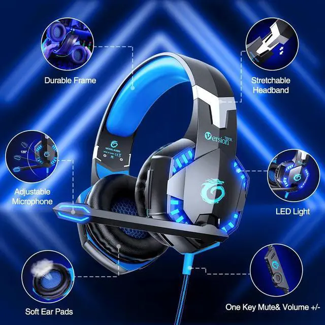 Alt view image 4 of 7 - VersionTECH. G2000 Gaming Headset for PS5 PS4 Xbox One Controller,Bass Surround Noise Cancelling Mic, Over Ear Headphones with LED Lights for Mac Laptop Xbox Series X S Nintendo Switch NES PC Games