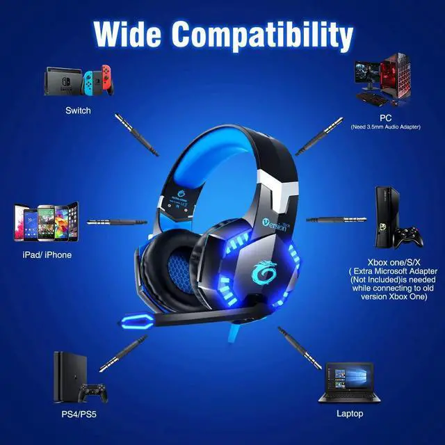 Alt view image 7 of 7 - VersionTECH. G2000 Gaming Headset for PS5 PS4 Xbox One Controller,Bass Surround Noise Cancelling Mic, Over Ear Headphones with LED Lights for Mac Laptop Xbox Series X S Nintendo Switch NES PC Games
