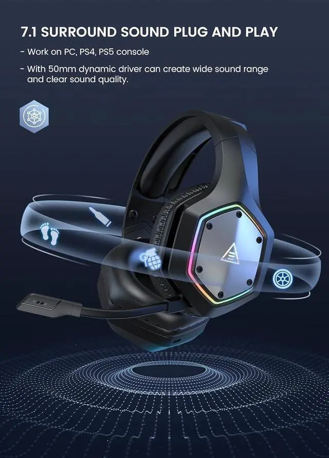 Alt view image 2 of 7 - EKSA Wireless Gaming Headset, 2.4GHz USB Gaming Headphones with Microphone for PC, PS5, PS4, Nintendo Switch, 7.1 Surround Sound PC Headset, RGB Light, Ergonomic Design, 3.5mm Wired for Xbox Serie