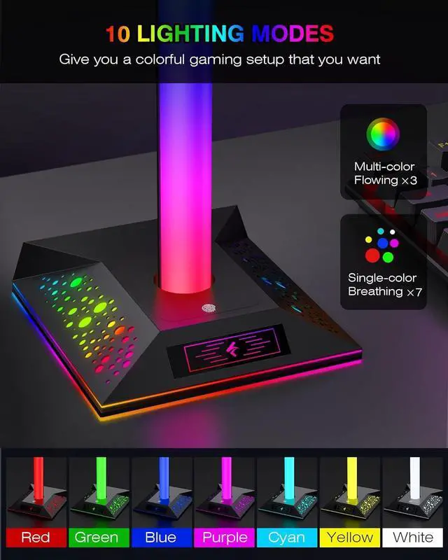Alt view image 2 of 7 - Gaming Headphone Stand PC Accessories - RGB Headset Stand with 2 USB Charger, Cool LED Headphone Holder PC Gaming Accessories Gift for Boys Men Gamers, Computer Game Hardware for Desk