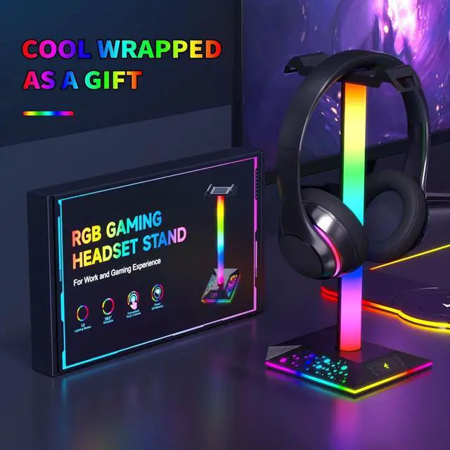 Alt view image 4 of 7 - Gaming Headphone Stand PC Accessories - RGB Headset Stand with 2 USB Charger, Cool LED Headphone Holder PC Gaming Accessories Gift for Boys Men Gamers, Computer Game Hardware for Desk