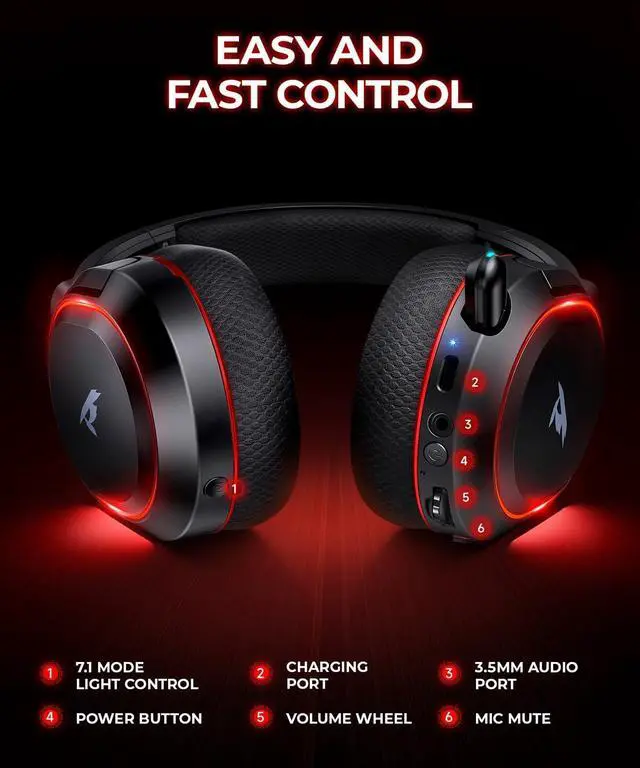 Alt view image 7 of 7 - Valorise 4 in 1 Wireless Gaming Headset, 7.1 Surround Sound,100H Playtime, 2.4Ghz Dongle & Bluetooth 5.3, Gaming Headphones with Retractable ENC Mic, RGB Light, Ergonomic Design for PS5 PS4 PC
