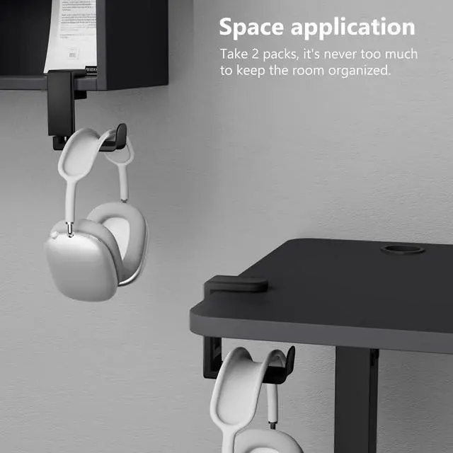 Alt view image 3 of 7 - 2 Pack PC Gaming Headset Headphone Hook Holder Hanger Mount, Headphones Stand with Adjustable & Rotating Arm Clamp, Under Desk Design, Universal Fit, Built in Cable Clip Organizer EURPMASK