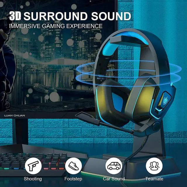 Alt view image 3 of 7 - YOTMS Wired Gaming Headset, Wired PC Headset for Xbox One, PS5, PS4,Laptop, Switch, H2 Over-Ear Gaming Headphones with Noise Cancelling Mic & LED Light & Volume Control & Surround Sound (Navy Blue)