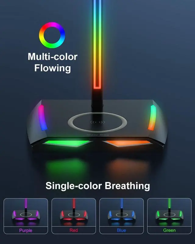 Alt view image 2 of 6 - New bee RGB Headphone Stand with 2 USB-C & 1 USB Charging Ports, Desk Gaming Headset Holder with 7 Light Modes and Non-Slip Rubber Base Suitable for All Earphone Accessories