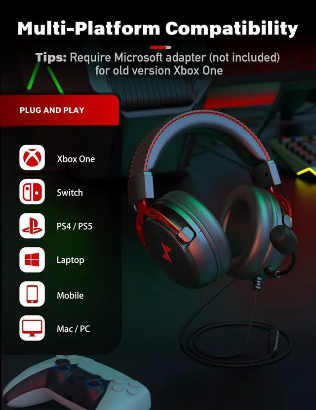 Alt view image 6 of 6 - Gaming Headset for PS5 PS4 PC, Gaming Headphones with Noise Cancelling Mic, Wired Gamer Headsets for Computer Laptop Mac Nintendo NES Games