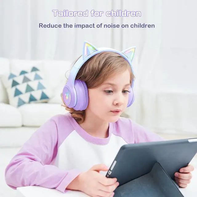 Alt view image 2 of 7 - SIMGAL Bluetooth Cat Ear Headphones for Kids, Wireless & Wired Mode Foldable Headset with Mic, RGB LED Light, for Girls School Gaming, Compatible with Mobile Phones PC Tablet