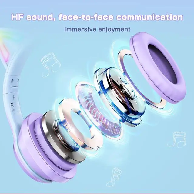 Alt view image 4 of 7 - SIMGAL Bluetooth Cat Ear Headphones for Kids, Wireless & Wired Mode Foldable Headset with Mic, RGB LED Light, for Girls School Gaming, Compatible with Mobile Phones PC Tablet