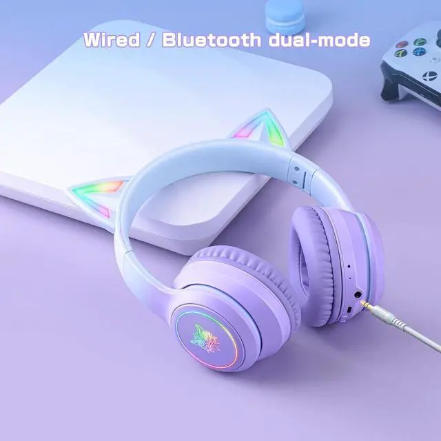 Alt view image 5 of 7 - SIMGAL Bluetooth Cat Ear Headphones for Kids, Wireless & Wired Mode Foldable Headset with Mic, RGB LED Light, for Girls School Gaming, Compatible with Mobile Phones PC Tablet