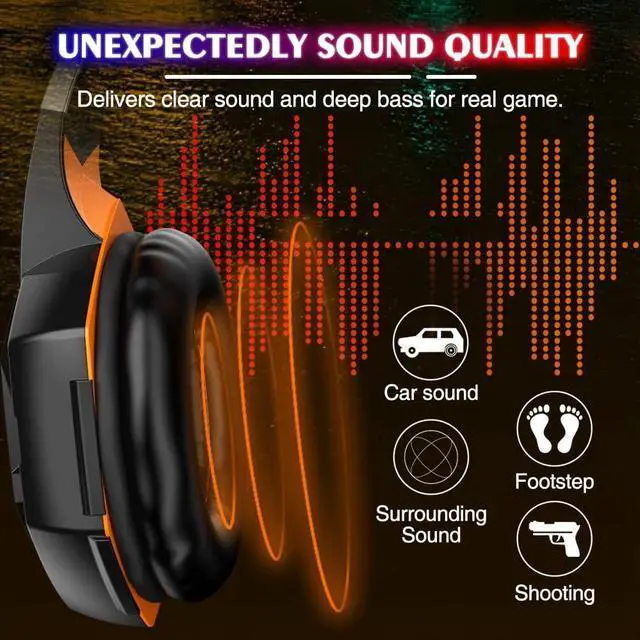 Alt view image 2 of 7 - VersionTECH. G2000 Gaming Headset, Bass Surround Gaming Headphones with Noise Cancelling Mic, LED Lights, Soft Memory Earmuffs for PS5/ PS4/ Xbox One Controller/Laptop/PC/Mac/Nintendo NES Games-Orange