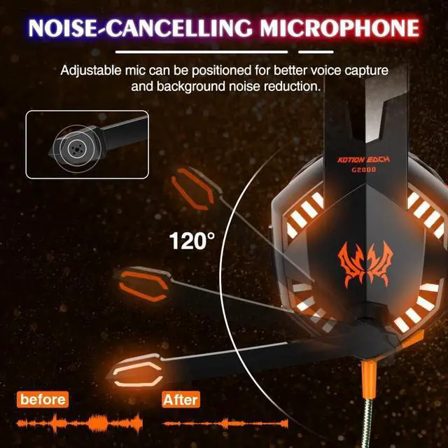 Alt view image 3 of 7 - VersionTECH. G2000 Gaming Headset, Bass Surround Gaming Headphones with Noise Cancelling Mic, LED Lights, Soft Memory Earmuffs for PS5/ PS4/ Xbox One Controller/Laptop/PC/Mac/Nintendo NES Games-Orange
