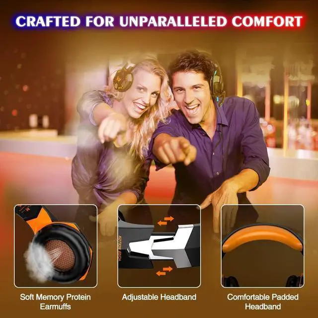 Alt view image 4 of 7 - VersionTECH. G2000 Gaming Headset, Bass Surround Gaming Headphones with Noise Cancelling Mic, LED Lights, Soft Memory Earmuffs for PS5/ PS4/ Xbox One Controller/Laptop/PC/Mac/Nintendo NES Games-Orange