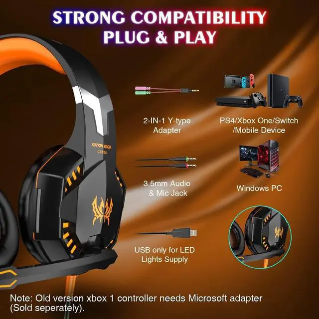 Alt view image 6 of 7 - VersionTECH. G2000 Gaming Headset, Bass Surround Gaming Headphones with Noise Cancelling Mic, LED Lights, Soft Memory Earmuffs for PS5/ PS4/ Xbox One Controller/Laptop/PC/Mac/Nintendo NES Games-Orange