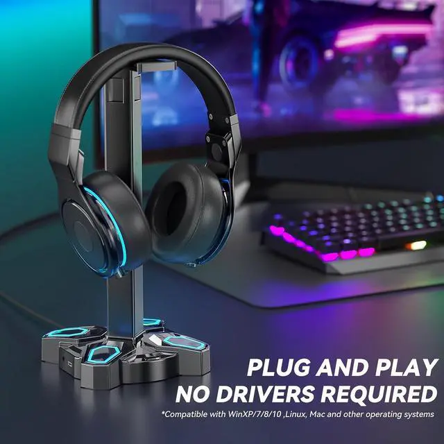 Alt view image 2 of 7 - KDD Gaming Headphones Stand, Rotatable Headset Stand with Light Modes - Controller Holder with 2 USB Charging Ports and 3.5mm - Earphone Hanger Accessories for Desktop Gamer(Black)