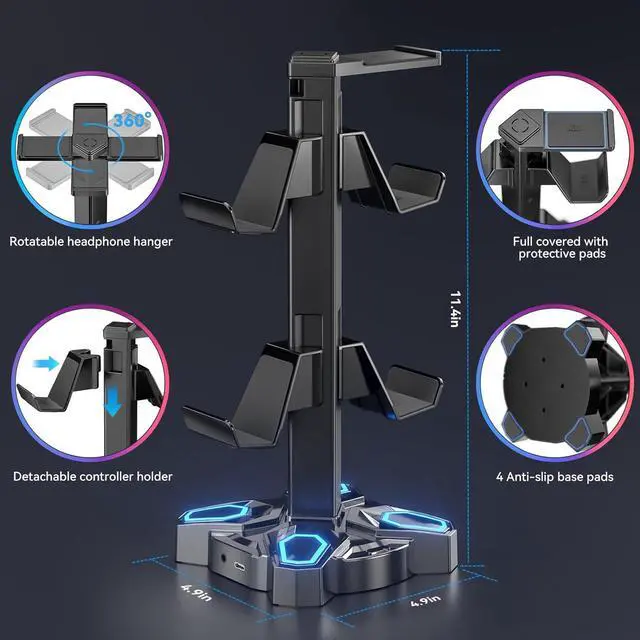 Alt view image 4 of 7 - KDD Gaming Headphones Stand, Rotatable Headset Stand with Light Modes - Controller Holder with 2 USB Charging Ports and 3.5mm - Earphone Hanger Accessories for Desktop Gamer(Black)
