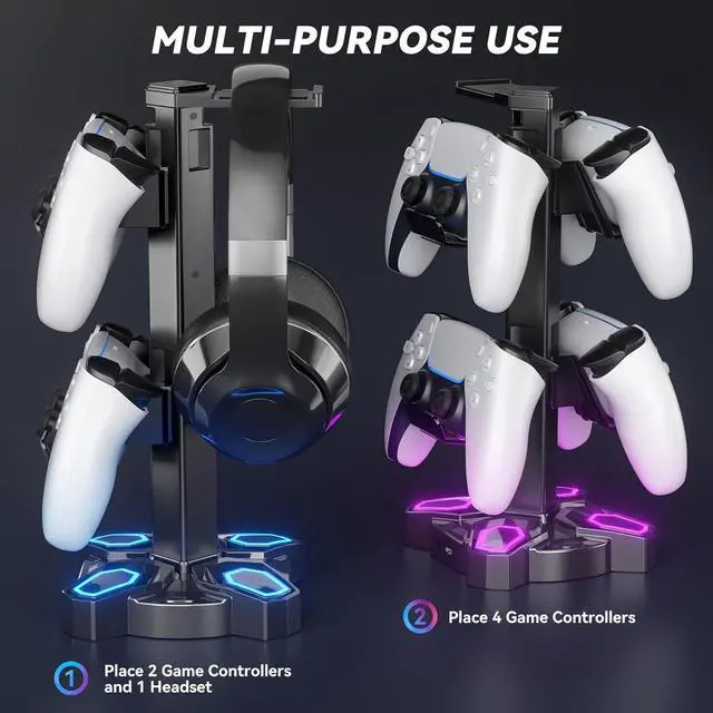 Alt view image 6 of 7 - KDD Gaming Headphones Stand, Rotatable Headset Stand with Light Modes - Controller Holder with 2 USB Charging Ports and 3.5mm - Earphone Hanger Accessories for Desktop Gamer(Black)
