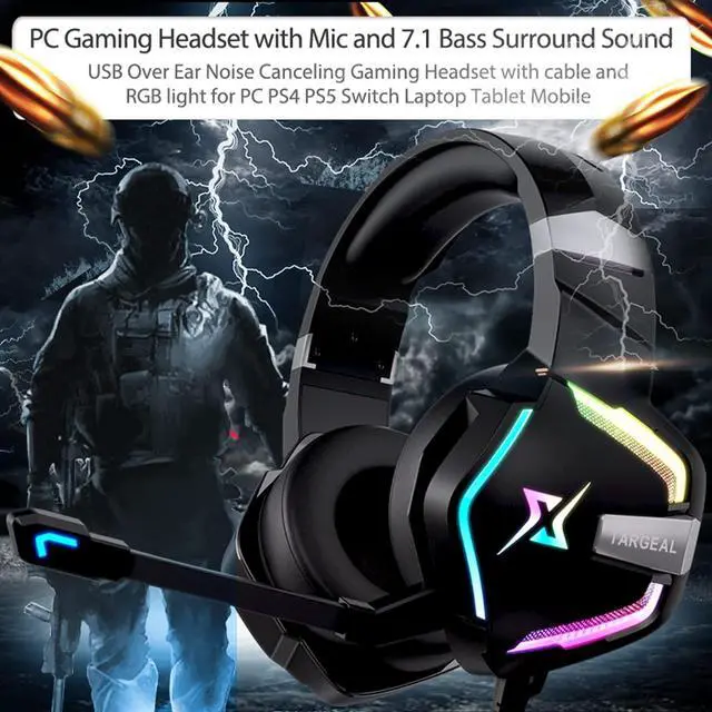 Alt view image 3 of 7 - targeal 7.1 Surround Sound PC Gaming Headset for PS5 PS4 Switch Laptop Mac Tablet Mobile, Over Ear Wired USB Gaming Headphone with Omni-Directional Noise Canceling Mic, RGB LED, with Type C Cable