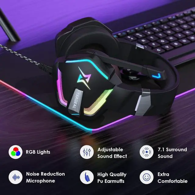 Alt view image 2 of 7 - targeal 7.1 Surround Sound PC Gaming Headset for PS5 PS4 Switch Laptop Mac Tablet Mobile, Over Ear Wired USB Gaming Headphone with Omni-Directional Noise Canceling Mic, RGB LED, with Type C Cable