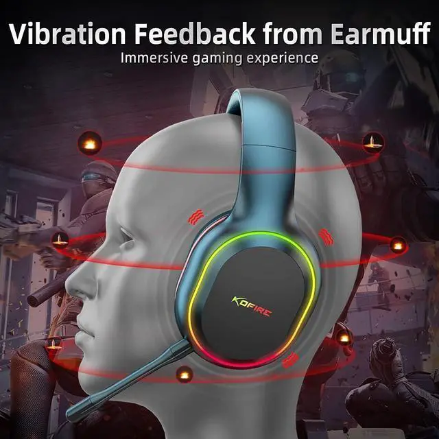 Alt view image 3 of 7 - KOFIRE 2.4GHz/Wireless Gaming Headset, Bluetooth Gaming Headset for Nintendo Switch, PC, PS5, PS4, Vibration Feedback Over Ear Headphones with Noise Cancelling Mic, LED Light - Black