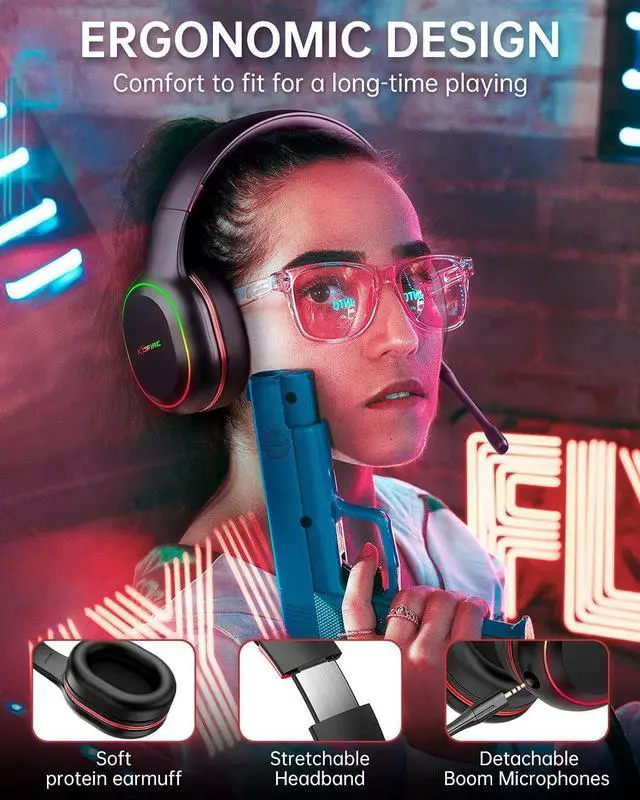 Alt view image 7 of 7 - KOFIRE 2.4GHz/Wireless Gaming Headset, Bluetooth Gaming Headset for Nintendo Switch, PC, PS5, PS4, Vibration Feedback Over Ear Headphones with Noise Cancelling Mic, LED Light - Black