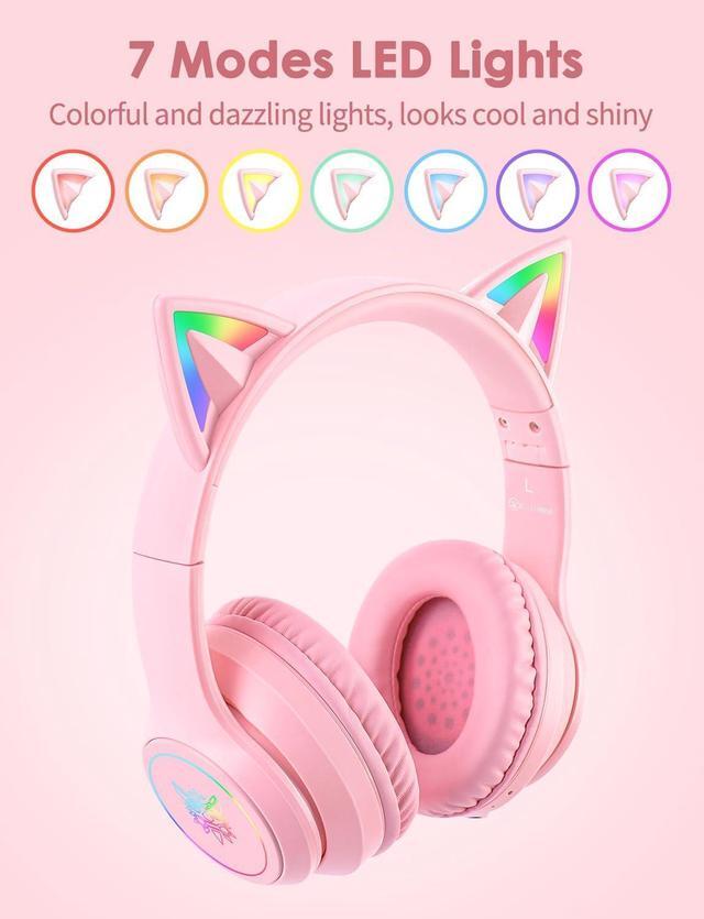 Alt view image 2 of 7 - ONITOON Cat Ear Bluetooth Headphones with Micphone for Kids & Adults, LED Light Up Wireless HI-FI Sound Quality, Over-Ear Headphones with Volume Control for iPhone/iPad/Laptop/PC(55H Play Time)