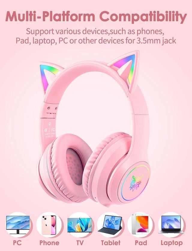 Alt view image 5 of 7 - ONITOON Cat Ear Bluetooth Headphones with Micphone for Kids & Adults, LED Light Up Wireless HI-FI Sound Quality, Over-Ear Headphones with Volume Control for iPhone/iPad/Laptop/PC(55H Play Time)