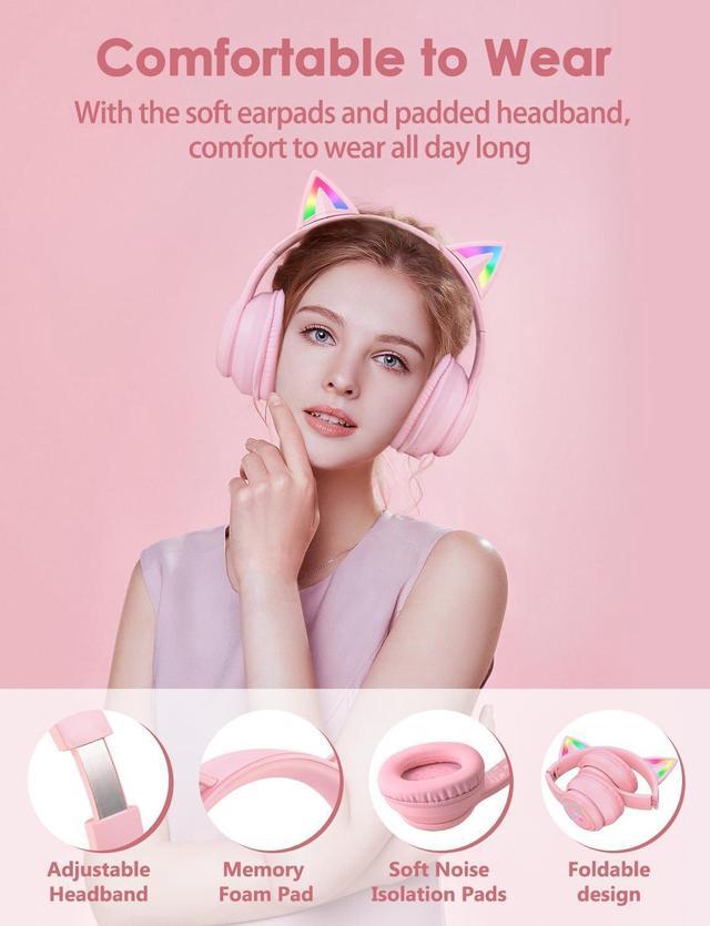 Alt view image 6 of 7 - ONITOON Cat Ear Bluetooth Headphones with Micphone for Kids & Adults, LED Light Up Wireless HI-FI Sound Quality, Over-Ear Headphones with Volume Control for iPhone/iPad/Laptop/PC(55H Play Time)