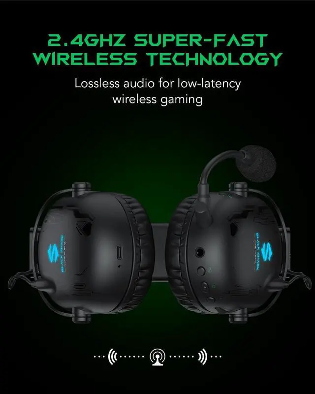 Alt view image 3 of 7 - Black Shark Wireless Gaming Headset with Microphone, Bluetooth Xbox Headphone - Fast Connection, No Delay - 2.4GHz USB Headphone with Over Ear Memory Foam for PC, PS5, PS4, Xbox