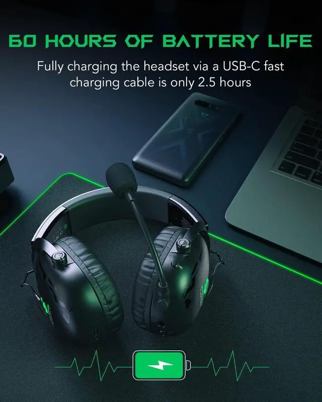 Alt view image 5 of 7 - Black Shark Wireless Gaming Headset with Microphone, Bluetooth Xbox Headphone - Fast Connection, No Delay - 2.4GHz USB Headphone with Over Ear Memory Foam for PC, PS5, PS4, Xbox