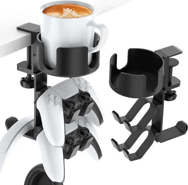Main image of Desk Controller Headphones Holder for Xbox/PS4/PS5, 3-in-1 Desk Cup Holder with 360° Rotating Adjustable Headset Hanger Controller Stand Clamp On Desk Organizer Gaming Accessories for Desk