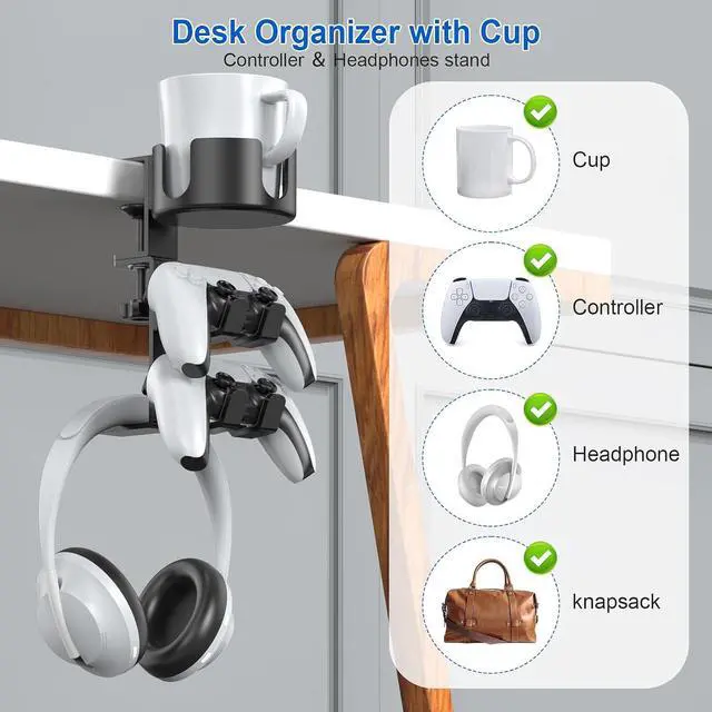 Alt view image 2 of 7 - Desk Controller Headphones Holder for Xbox/PS4/PS5, 3-in-1 Desk Cup Holder with 360° Rotating Adjustable Headset Hanger Controller Stand Clamp On Desk Organizer Gaming Accessories for Desk