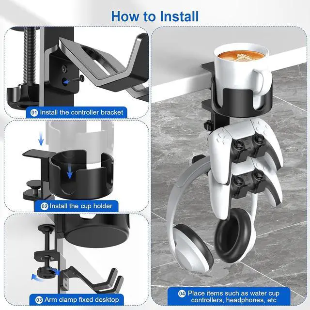 Alt view image 3 of 7 - Desk Controller Headphones Holder for Xbox/PS4/PS5, 3-in-1 Desk Cup Holder with 360° Rotating Adjustable Headset Hanger Controller Stand Clamp On Desk Organizer Gaming Accessories for Desk