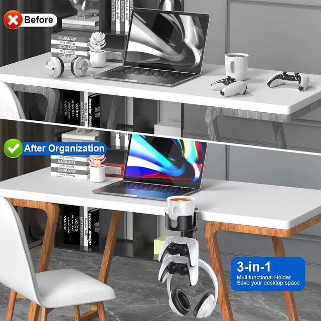 Alt view image 5 of 7 - Desk Controller Headphones Holder for Xbox/PS4/PS5, 3-in-1 Desk Cup Holder with 360° Rotating Adjustable Headset Hanger Controller Stand Clamp On Desk Organizer Gaming Accessories for Desk