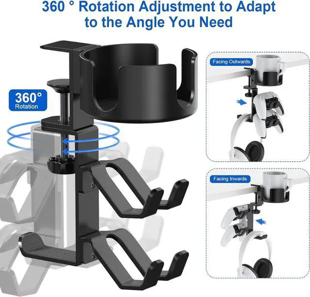 Alt view image 6 of 7 - Desk Controller Headphones Holder for Xbox/PS4/PS5, 3-in-1 Desk Cup Holder with 360° Rotating Adjustable Headset Hanger Controller Stand Clamp On Desk Organizer Gaming Accessories for Desk