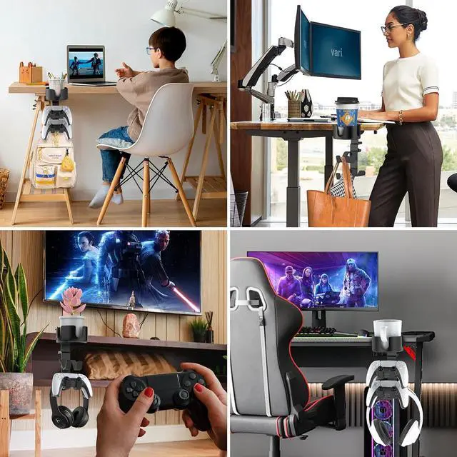 Alt view image 7 of 7 - Desk Controller Headphones Holder for Xbox/PS4/PS5, 3-in-1 Desk Cup Holder with 360° Rotating Adjustable Headset Hanger Controller Stand Clamp On Desk Organizer Gaming Accessories for Desk