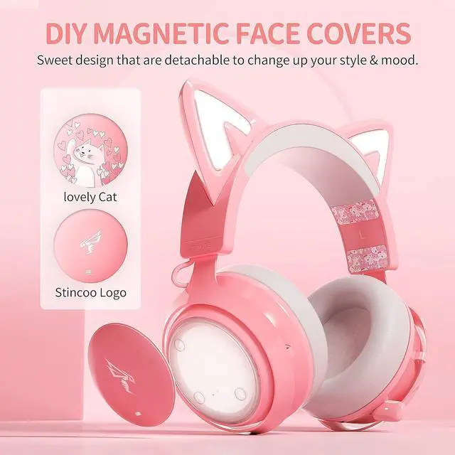 Alt view image 5 of 7 - SOMIC GS510 Gaming Headset, Cat Ear Headset PC Gaming Headphones with Retractable Mic Noise Cancelling, Stereo Sound, DIY Face Covers for PC, PS4, PS5,Xbox One(Only White LED Light)-Pink