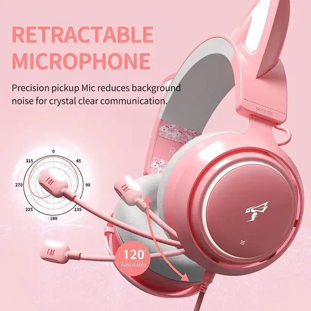 Alt view image 6 of 7 - SOMIC GS510 Gaming Headset, Cat Ear Headset PC Gaming Headphones with Retractable Mic Noise Cancelling, Stereo Sound, DIY Face Covers for PC, PS4, PS5,Xbox One(Only White LED Light)-Pink