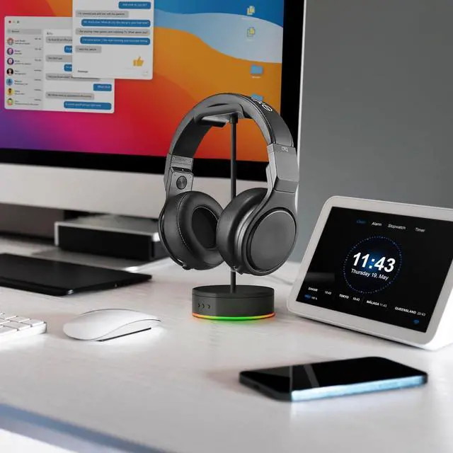 Alt view image 4 of 5 - Rotating Headphone Display Stand for Desk with LED Lights - Spinning Gaming Headset Stand (Black)