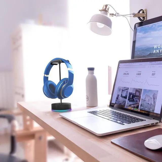 Alt view image 5 of 5 - Rotating Headphone Display Stand for Desk with LED Lights - Spinning Gaming Headset Stand (Black)