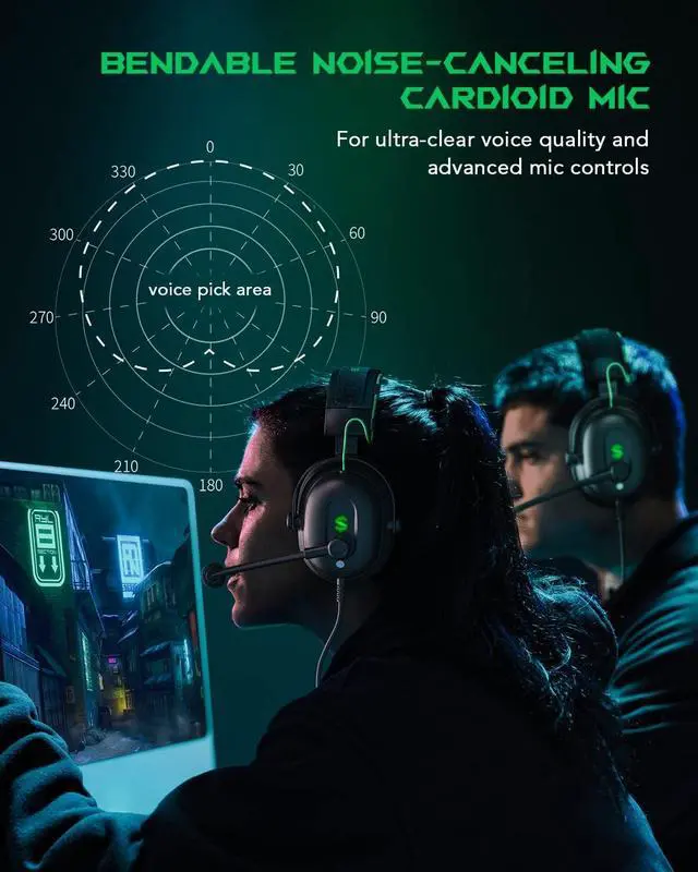 Alt view image 4 of 7 - Black Shark Gaming Headset with Noise Canceling Cardioid Mic, Over-Ear Headphones for PC, PS4, PS5, Xbox, Switch, 50mm Dynamic Drivers & LED Light