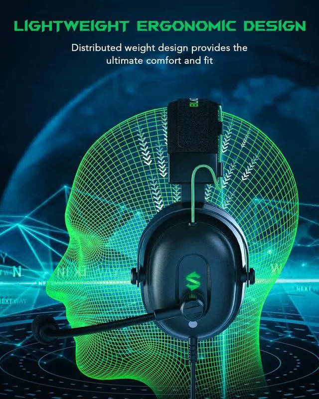 Alt view image 6 of 7 - Black Shark Gaming Headset with Noise Canceling Cardioid Mic, Over-Ear Headphones for PC, PS4, PS5, Xbox, Switch, 50mm Dynamic Drivers & LED Light