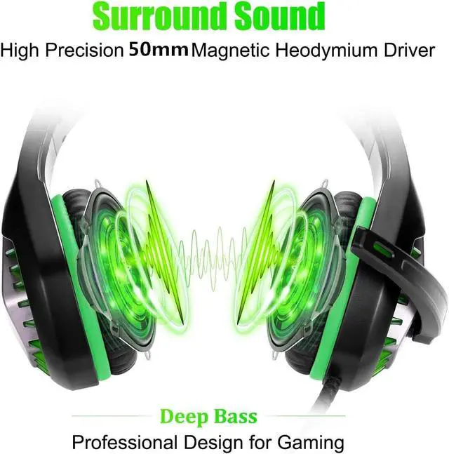 Alt view image 2 of 7 - DIWUER Stereo Gaming Headset for Nintendo Switch, PS4, Xbox One with Noise Cancelling Mic, Soft Earmuffs Surround Sound Over Ear Headphones with LED Light for PC (Green)