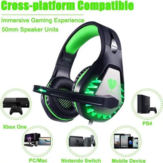 Alt view image 4 of 7 - DIWUER Stereo Gaming Headset for Nintendo Switch, PS4, Xbox One with Noise Cancelling Mic, Soft Earmuffs Surround Sound Over Ear Headphones with LED Light for PC (Green)