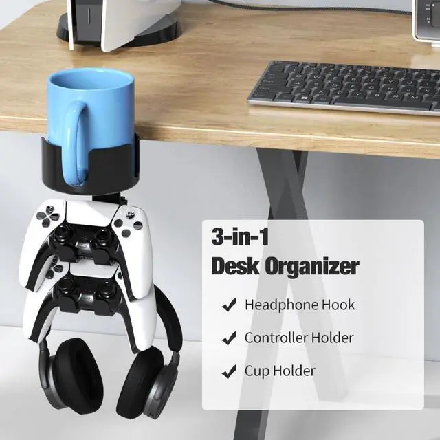 Alt view image 2 of 6 - 360° Rotating Desk Controller Headphone Holder - Larger Desk Cup Holder with Adjustable Headset Hanger Controller Stand | Clamp On Desk Organizer | Gaming Desk Accessories