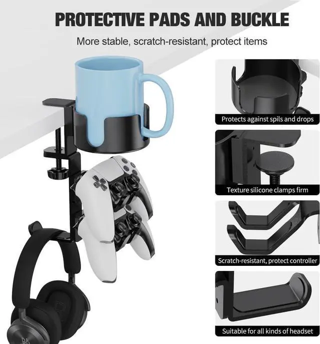 Alt view image 3 of 6 - 360° Rotating Desk Controller Headphone Holder - Larger Desk Cup Holder with Adjustable Headset Hanger Controller Stand | Clamp On Desk Organizer | Gaming Desk Accessories
