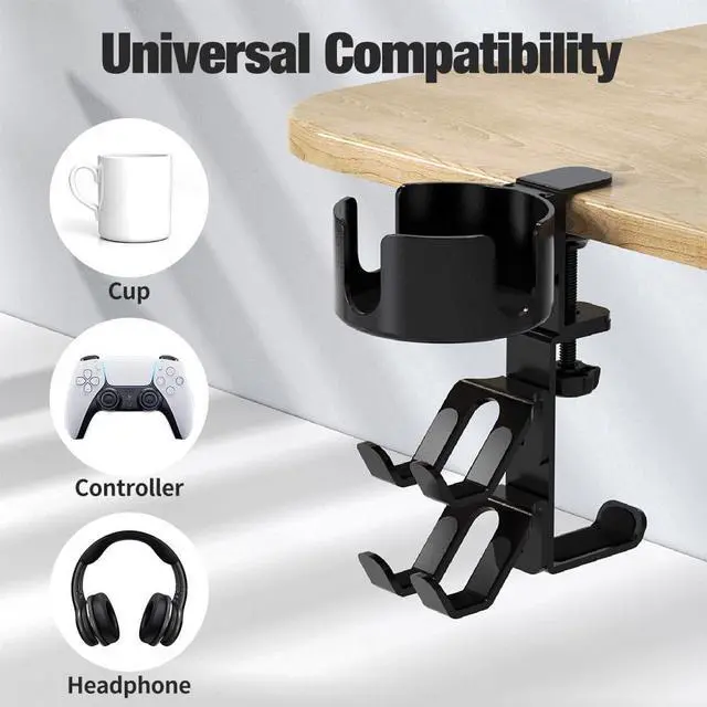 Alt view image 5 of 6 - 360° Rotating Desk Controller Headphone Holder - Larger Desk Cup Holder with Adjustable Headset Hanger Controller Stand | Clamp On Desk Organizer | Gaming Desk Accessories