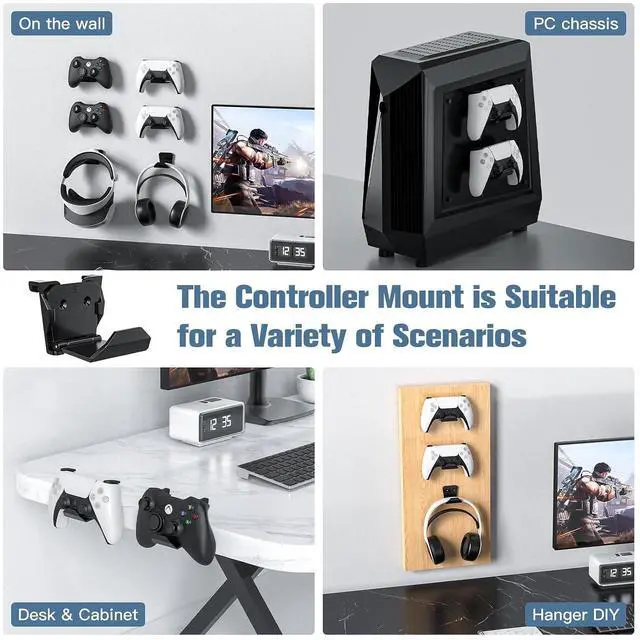 Alt view image 6 of 6 - KUNSLUCK 6 Pack Controller Wall Mount Universal Game Controller Holder for PS5, Xbox, Switch Adhesive or Screw Installation Headset & Controller Storage Hook (Black)