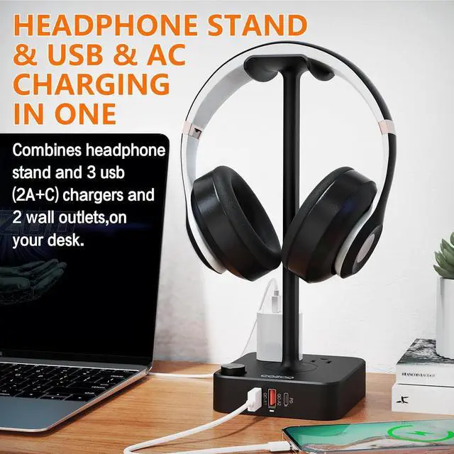 Alt view image 2 of 7 - COZOO Headphone Stand with USB Charger Desktop Gaming Headset Holder Hanger with 3 USB Charging Station and 2 Outlets Power Strip,Suitable for Gaming, DJ,Wireless Earphone Display, Gamer Gifts for Men