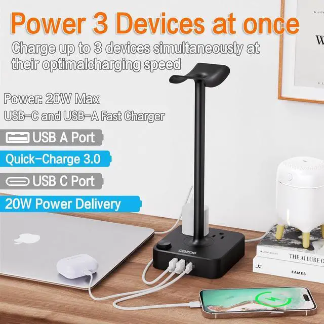 Alt view image 3 of 7 - COZOO Headphone Stand with USB Charger Desktop Gaming Headset Holder Hanger with 3 USB Charging Station and 2 Outlets Power Strip,Suitable for Gaming, DJ,Wireless Earphone Display, Gamer Gifts for Men