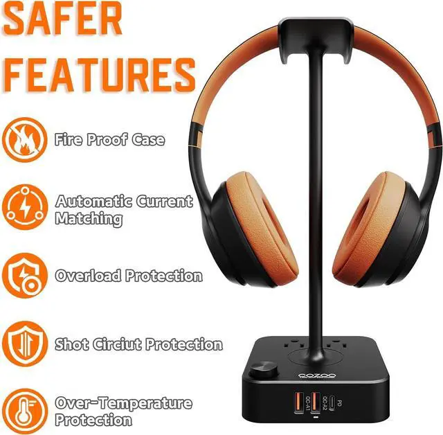 Alt view image 5 of 7 - COZOO Headphone Stand with USB Charger Desktop Gaming Headset Holder Hanger with 3 USB Charging Station and 2 Outlets Power Strip,Suitable for Gaming, DJ,Wireless Earphone Display, Gamer Gifts for Men
